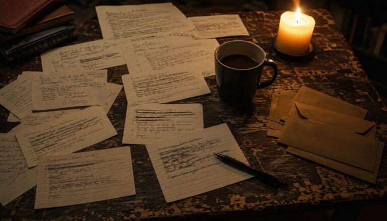 Handgeschriebene Feedback-Notizen mit Kerze und Stift