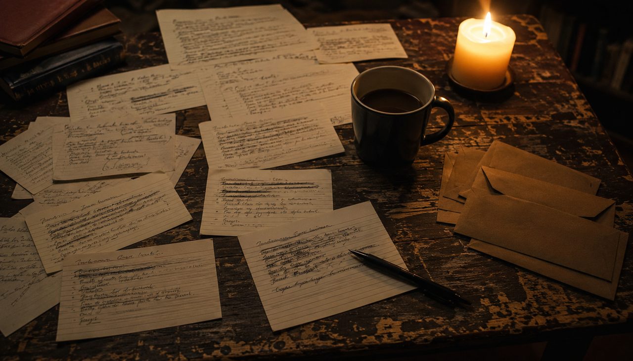 Handgeschriebene Feedback-Notizen mit Kerze und Stift