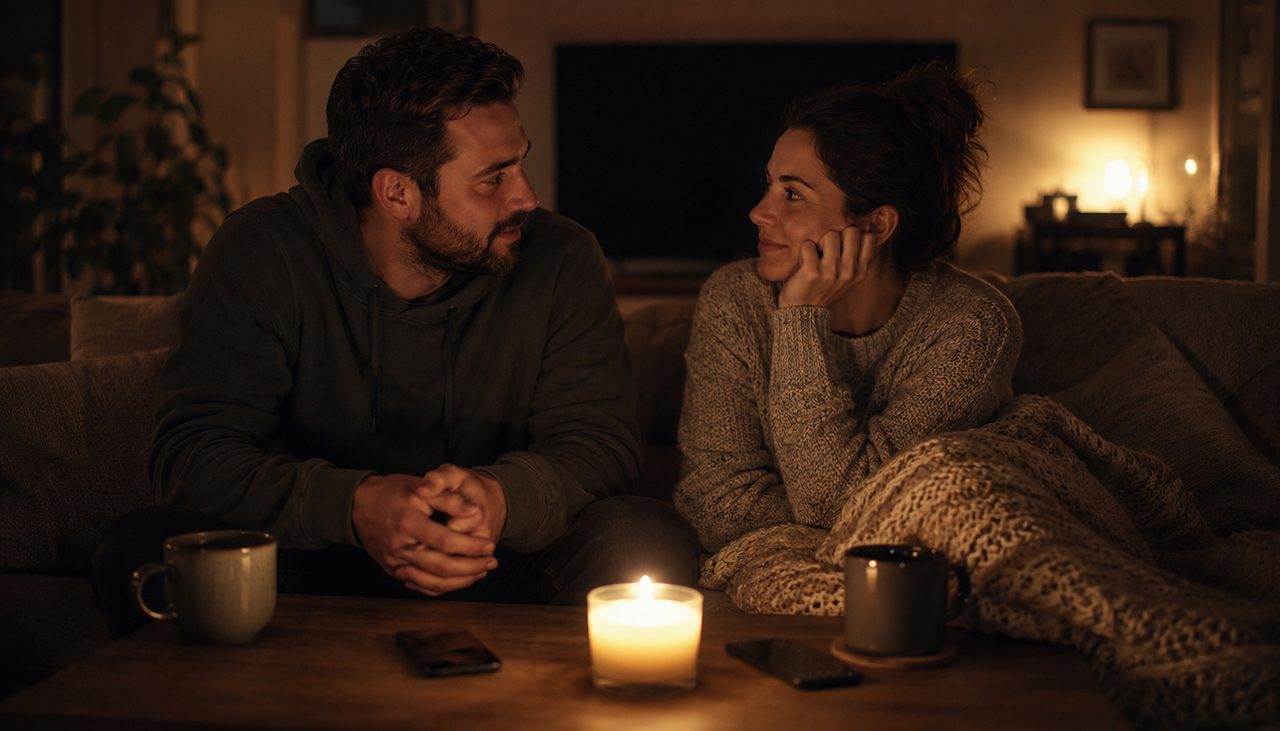Paar auf dem Sofa, Handys weggelegt, einander zugewandt bei Kerzenlicht