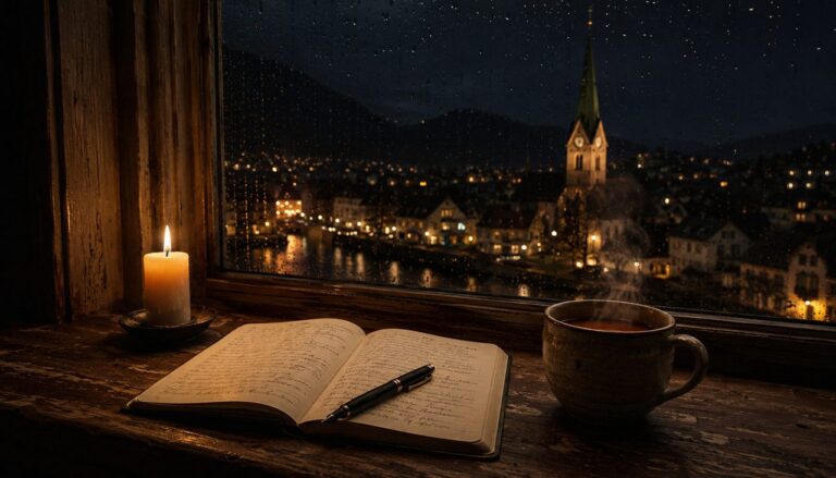 Notizbuch und Kerze am Fenster mit Blick auf ein Schweizer Städtchen bei Nacht