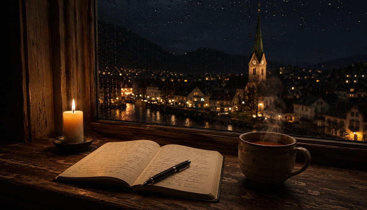 Notizbuch und Kerze am Fenster mit Blick auf ein Schweizer Städtchen bei Nacht