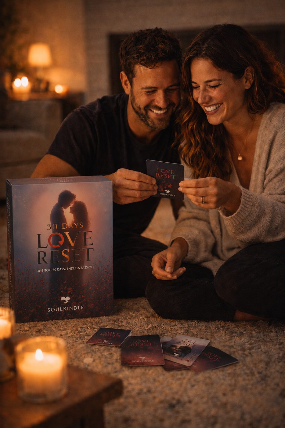 Paar liest gemeinsam eine Love-Reset-Karte bei Kerzenlicht