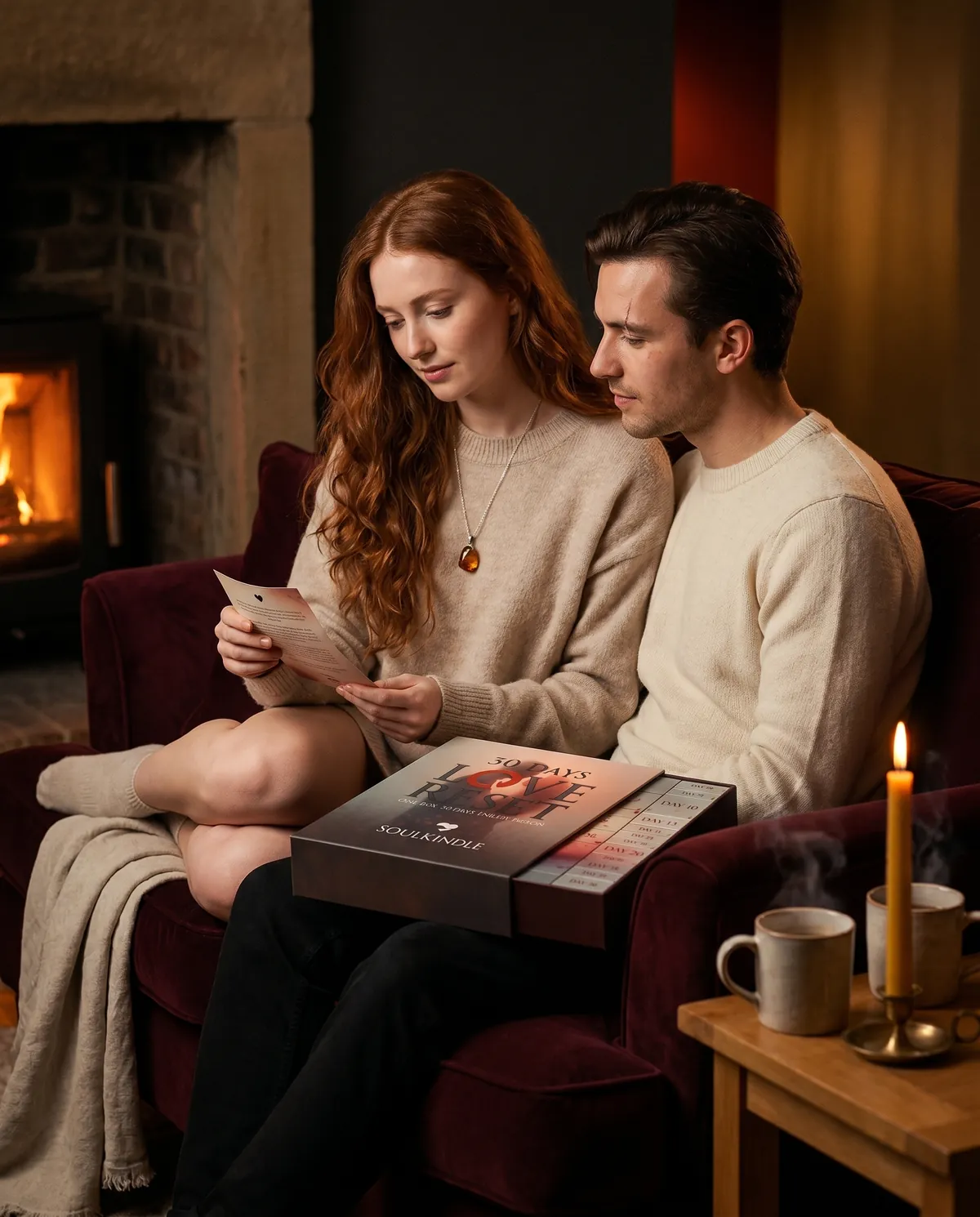 Paar liest gemeinsam die SoulKindle 30 Days Love Reset bei Kerzenlicht