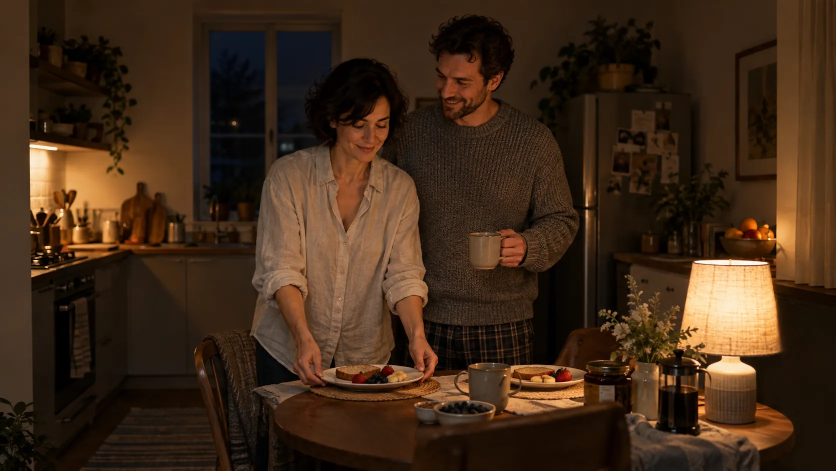 Frau stellt am frühen Morgen zwei Frühstücksteller auf den Küchentisch, ihr Partner kommt mit einer Tasse dazu