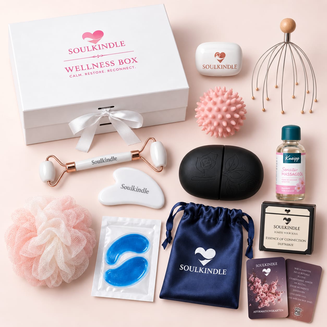 SoulKindle Wellness Box mit übersichtlich angeordnetem Wellness-Inhalt