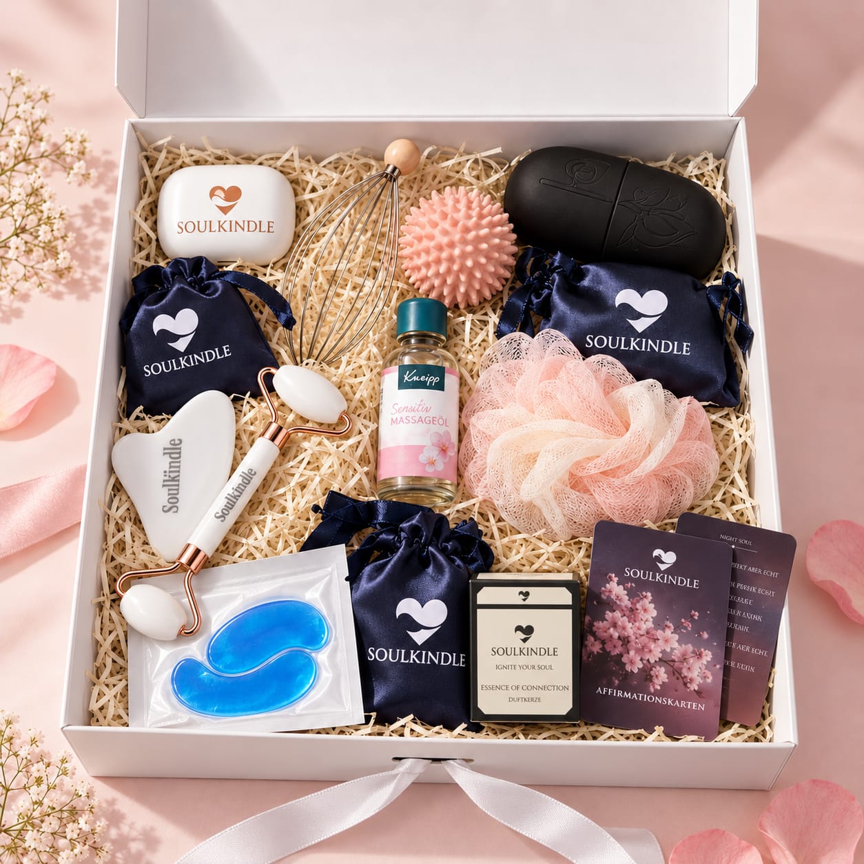 Geöffnete SoulKindle Wellness Box mit Wellness-Produkten